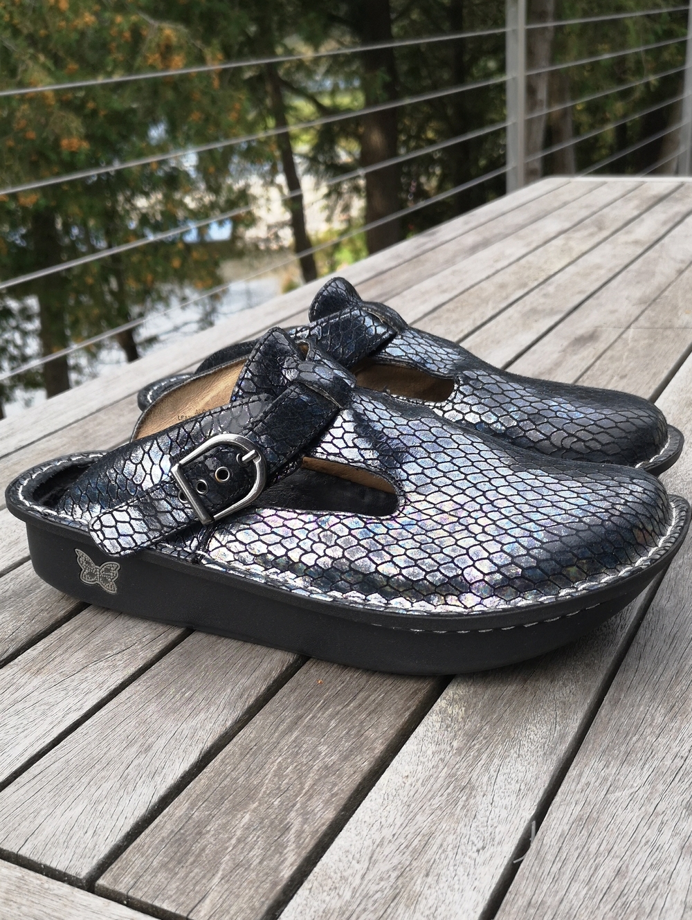 Alegria black 'snakeskin' platform leather slip-ons